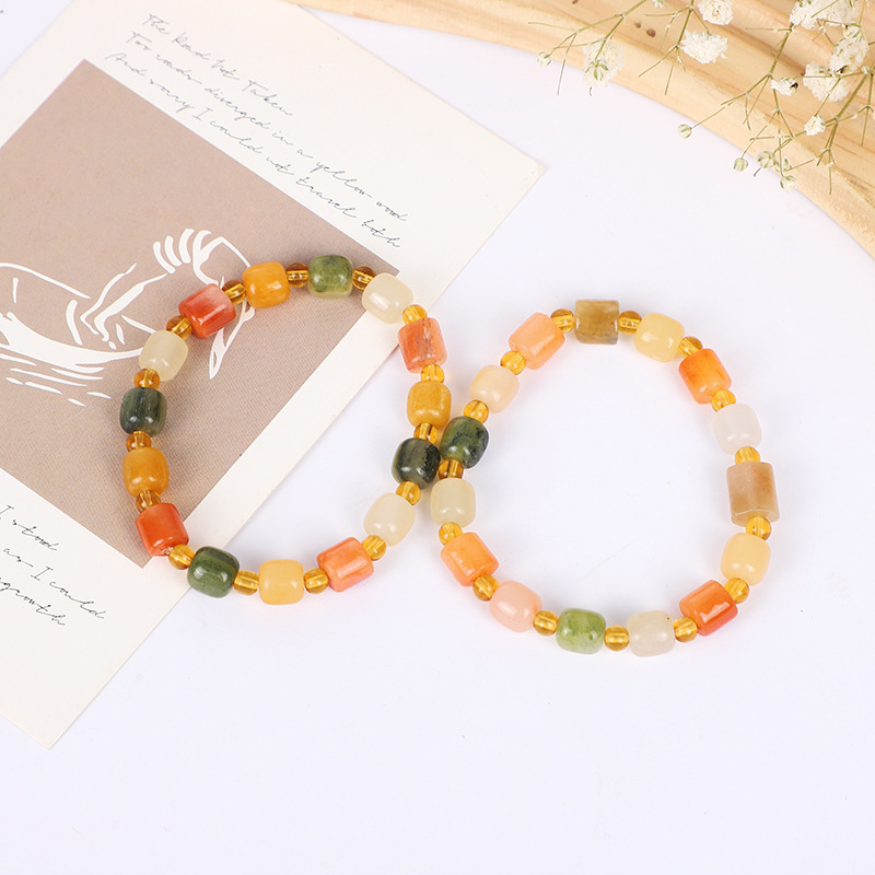 Bracelet Colorful Natural Agate Bracelet Female Student Colorful Gem Light Single Circle Oval Rough Stone Beads New Chinese Style Traditional