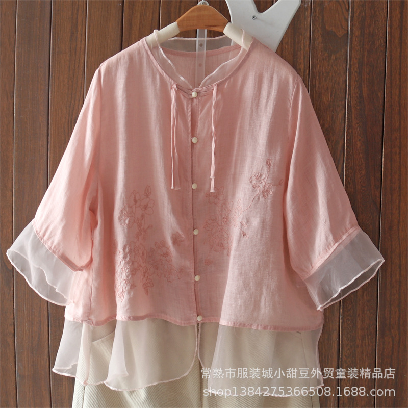 欧根纱拼接纯苎麻衬衫女装五分袖宽松薄款开衫上衣气质衬衣-阿里巴巴