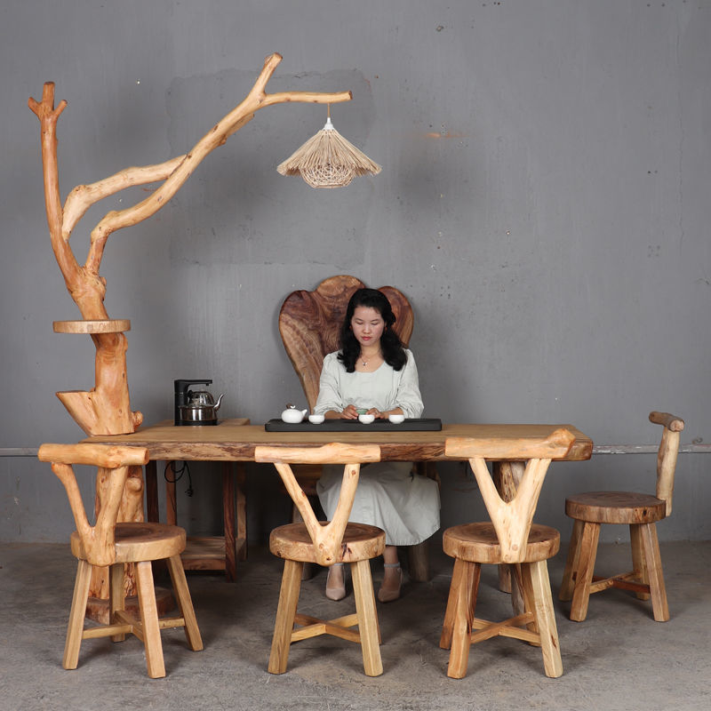 原木茶台香樟木树根茶几阳台大板原生态根雕桌子茶桌椅组合家用