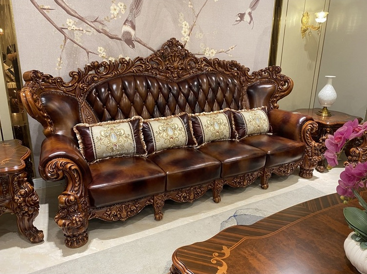 欧式豪华真皮沙发别墅客厅123组合实木双面雕花美式家具批发