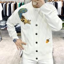 2023秋冬季重工艺动物小松鼠刺绣白色针织开衫男修身欧货毛衣外套