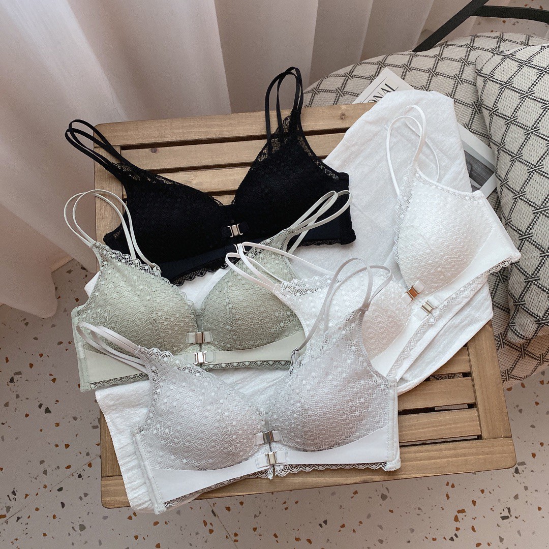 法式内衣女前扣式薄杯无钢圈小胸聚拢胸罩收副乳美背性感文胸套装