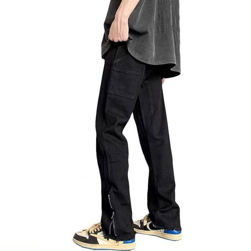   Black Jeans Men's Autumn American Retro High Street Ins Fashion Brand Slim-Fit Straight Trousers Workwear Zipper Pants