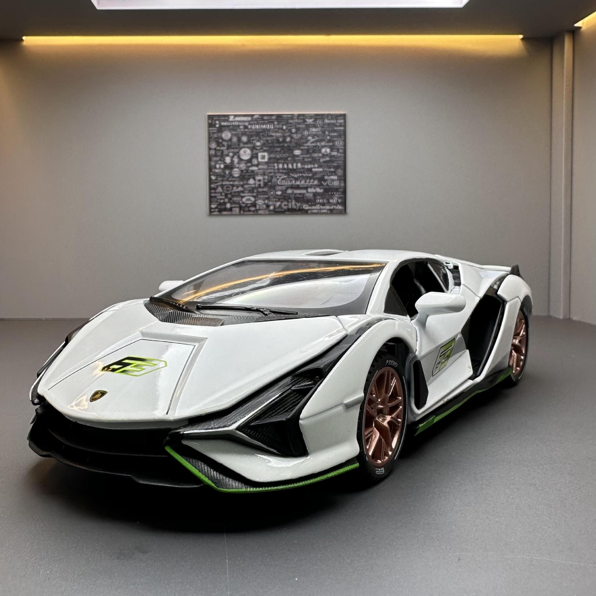 名艺合金车模1:24兰博闪电赛道版跑车声光回力男孩玩具车模型摆件