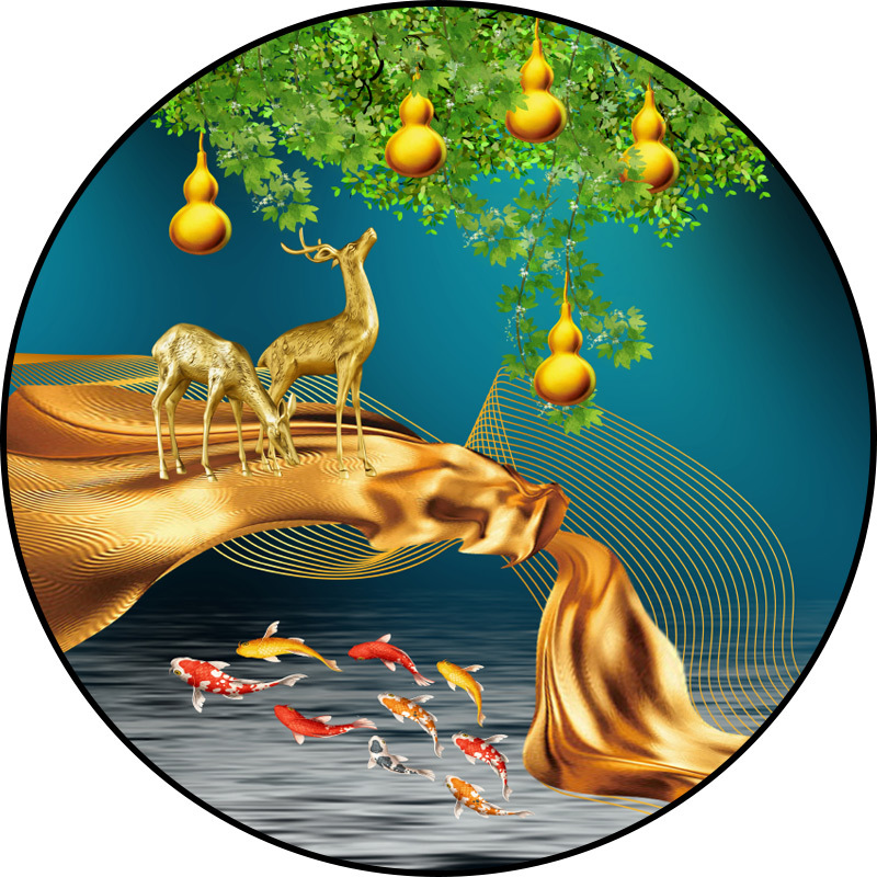 新中式圆形福禄生财玄关走道装饰画楼梯口寓意好五福临门挂画带框