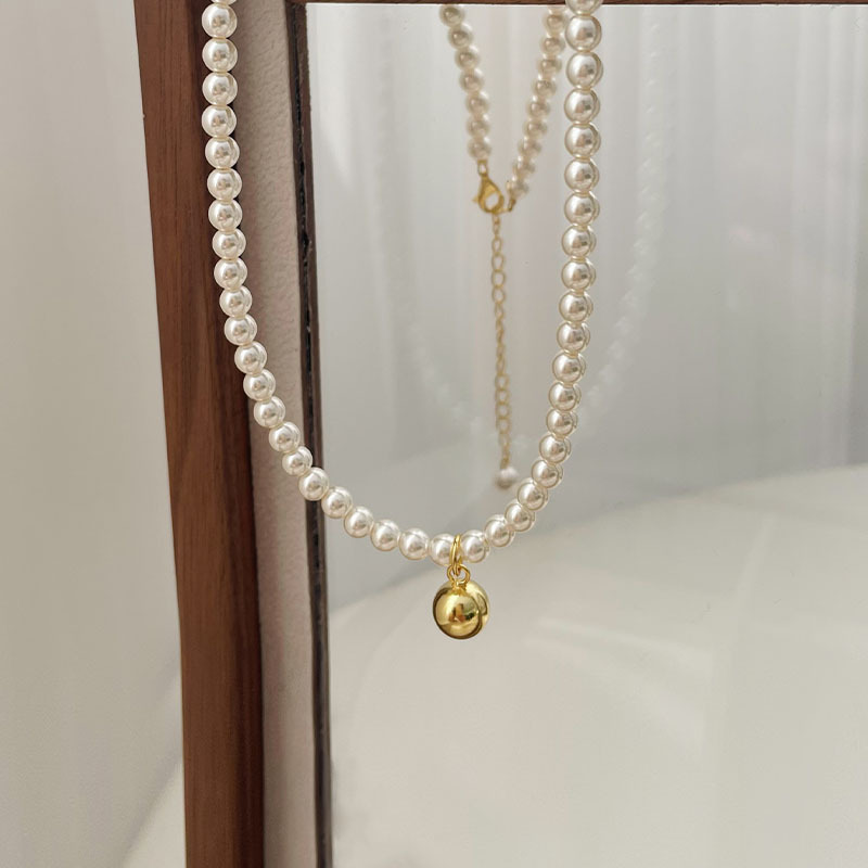 French Style High-Grade Pearl Necklace Small Golden Balls Pendant Clavicle Chain Necklace Simple All-Match Necklace Sweater Chain Jewelry