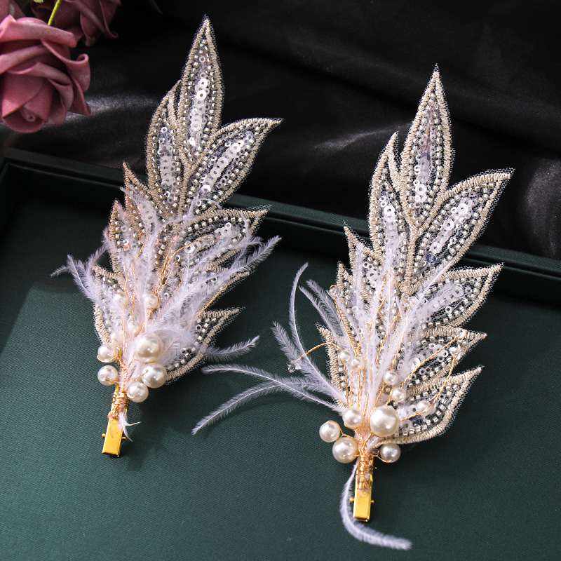 韩式羽毛发夹头饰森系礼服婚纱影楼拍摄发饰街拍新娘盘发对夹配饰