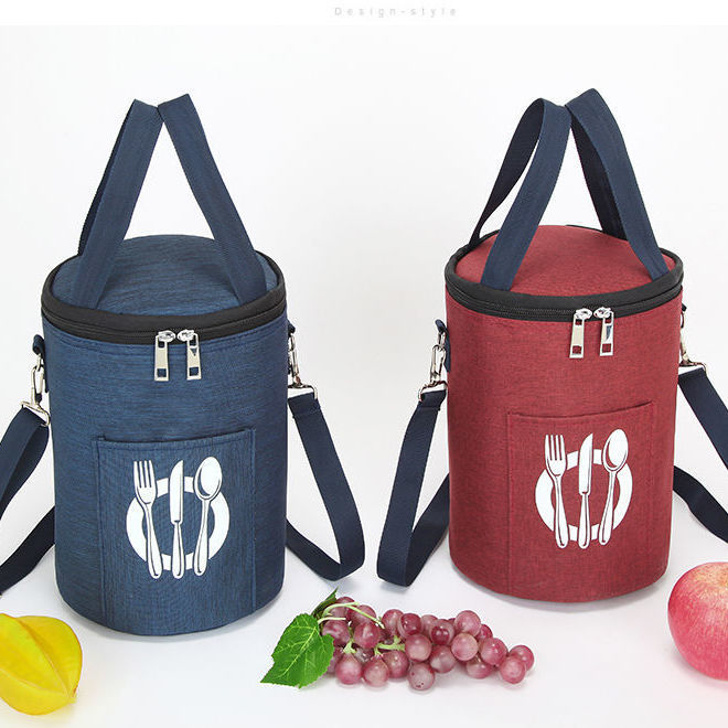 特厚饭盒袋铝箔保温带饭包单肩包多功能斜挎饭盒袋圆筒圆形便当包