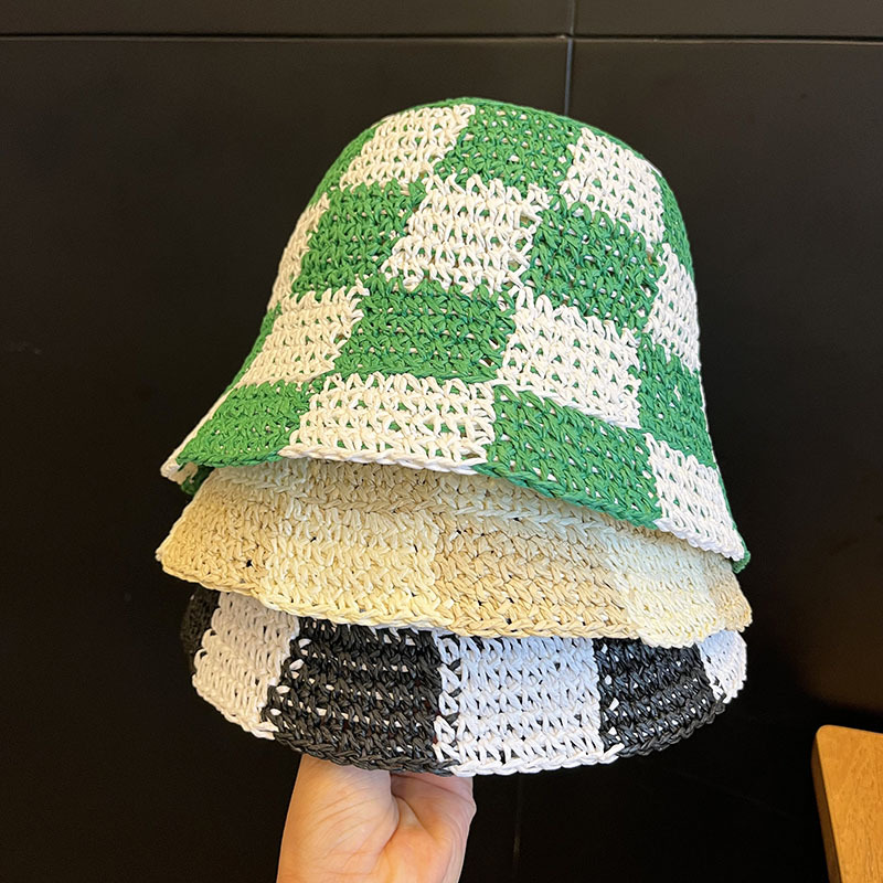 green chessboard grid hand-woven straw hat female korean ins summer travel fashion all-match sun-proof bucket basin hat