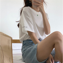 韩版chic后背字母印花设计感圆领宽松休闲短袖T恤白色上衣女