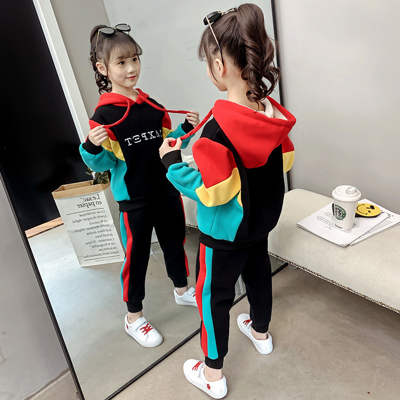 网红女童秋冬装拼色套装202新款韩版6岁女孩卫衣运动儿童超洋气8