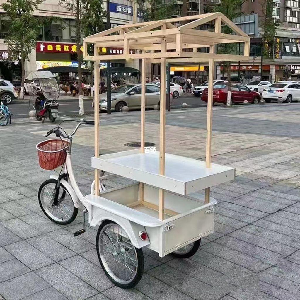 货架三轮车货架摆摊脚踏车小吃实木框网红摆摊货架架带顶-阿里巴巴