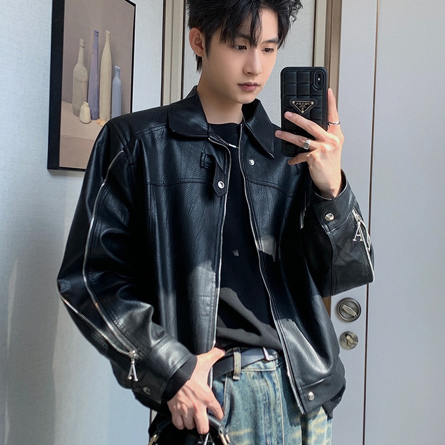 痞帅pu皮衣小众设计感潮牌双拉链垫肩皮夹克男机车服秋冬高街外套