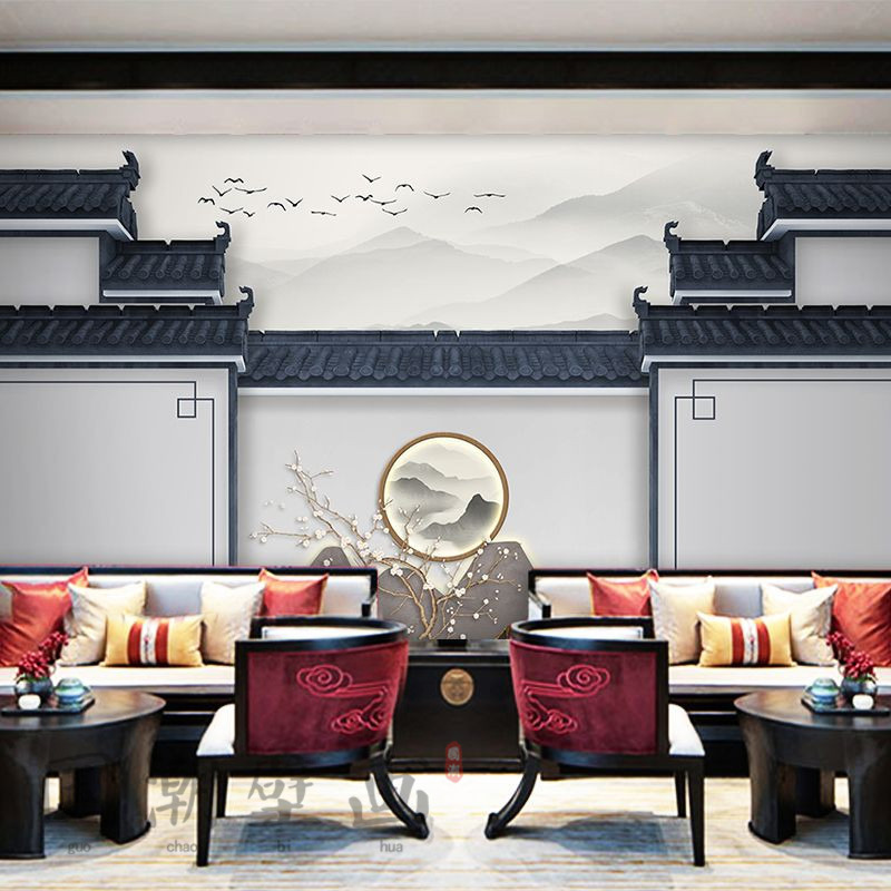 新中式徽派建筑背景墙壁纸江南水乡水墨文化茶室饭店餐厅酒楼墙纸
