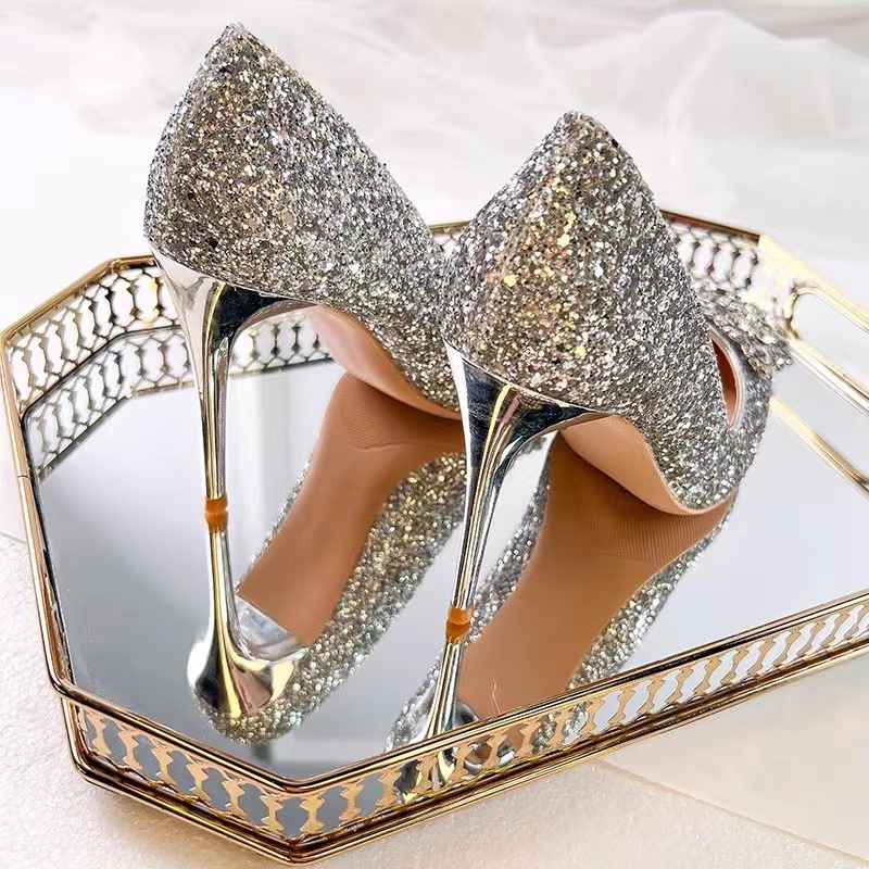 Crystal Wedding Shoes Female Bride Xiuhe 2023 New French Pointed Toe Stiletto Rhinestone Flower Sequin Wedding Dress High Heels