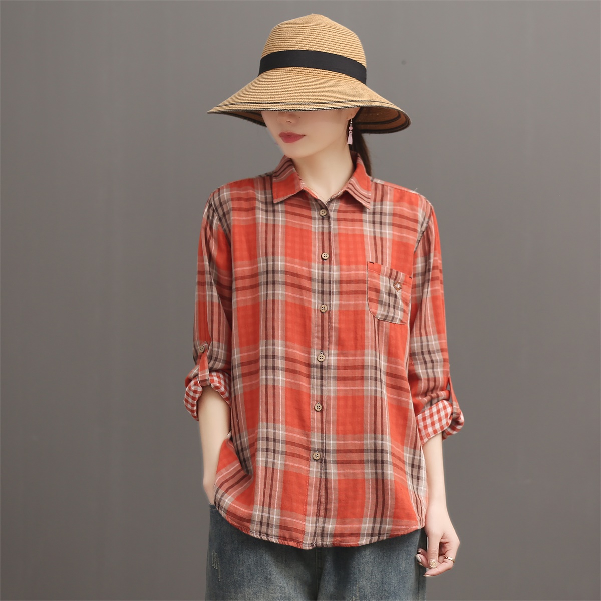 双层棉纱衬衣女口袋云朵刺绣格子长袖衬衫宽松可挽袖春夏单穿上衣