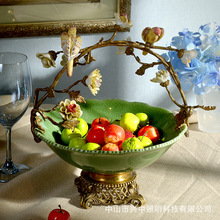 欧式家居饰品客厅创意茶几摆件酒柜装饰品欧式陶瓷镶铜工艺品果盘