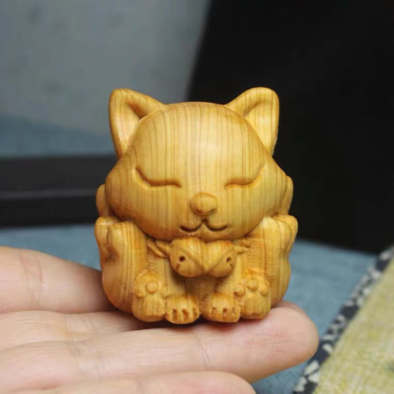 黄杨木雕九尾狐手把件 虎宝宝车摆件可爱文玩小物茶宠diy配饰礼品