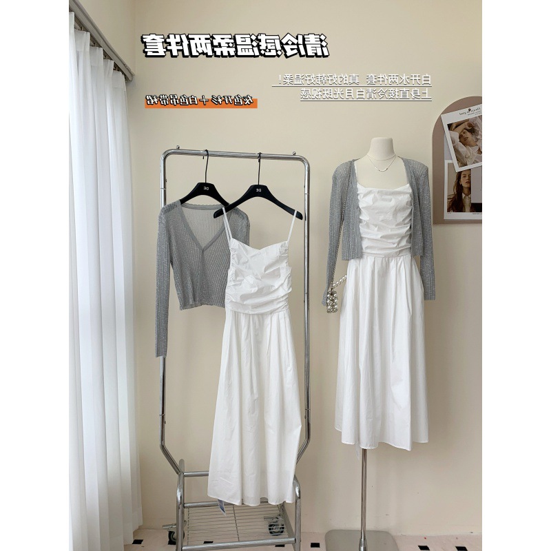 辣妹法式小众白色方领连衣裙子女2024夏季新款收腰显瘦仙女长裙