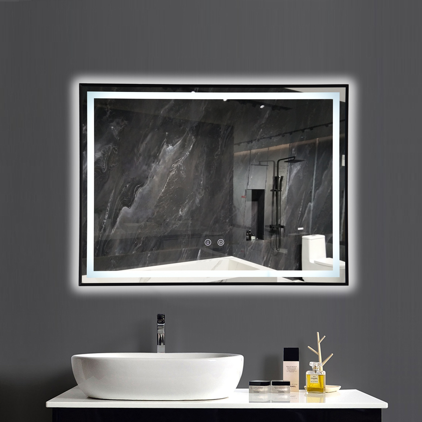 luxury square aluminum frame anti-fog bathroom mirror led touch switch bluetooth explosion-proof smart mirror wall-mounted cross-border