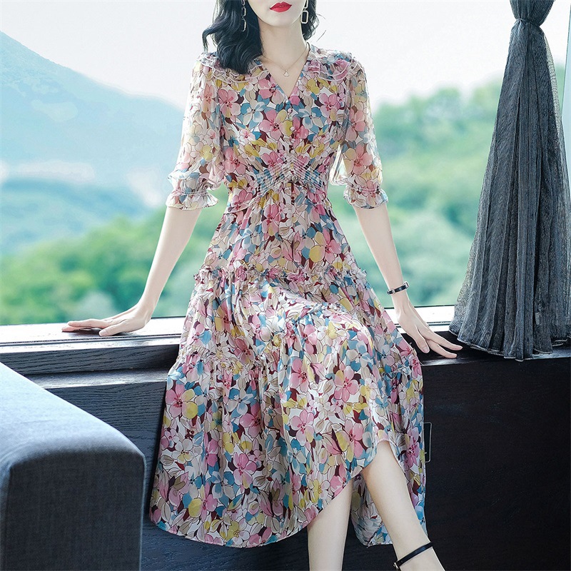 High-End Temperament Women's Clothing Mulberry Silk Dress Waist Summer New Silk Floral Dress French Summer Fairy Dress