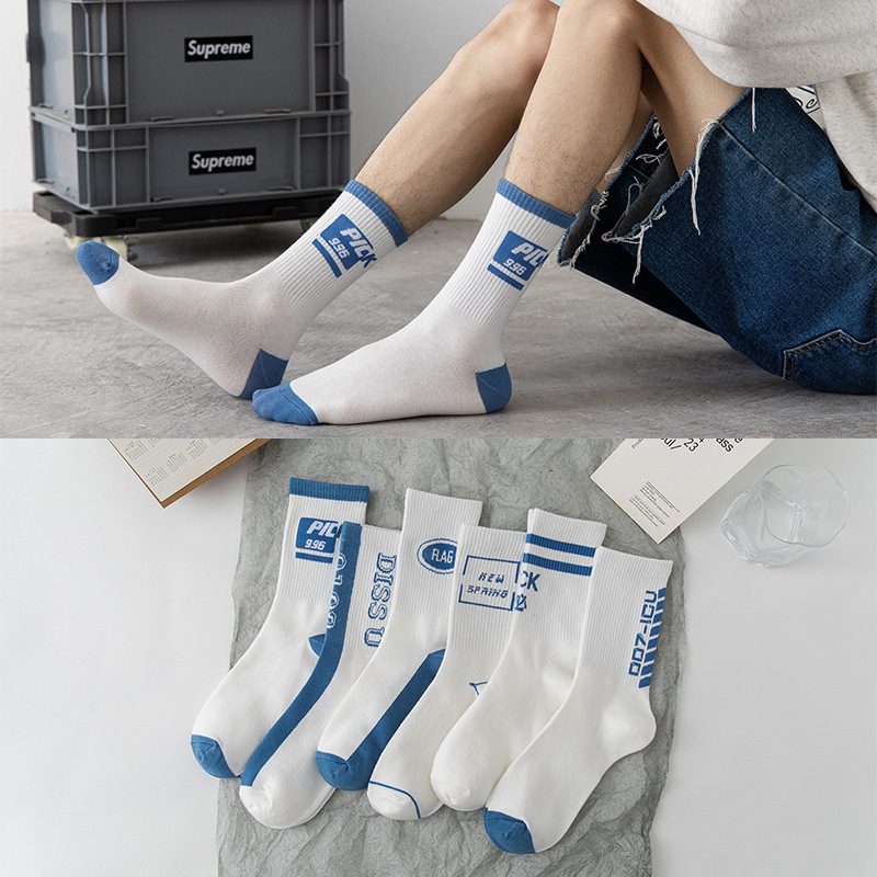 2021秋冬新款男士潮流蓝白时尚袜子批发 情侣长袜白色 棉袜代发