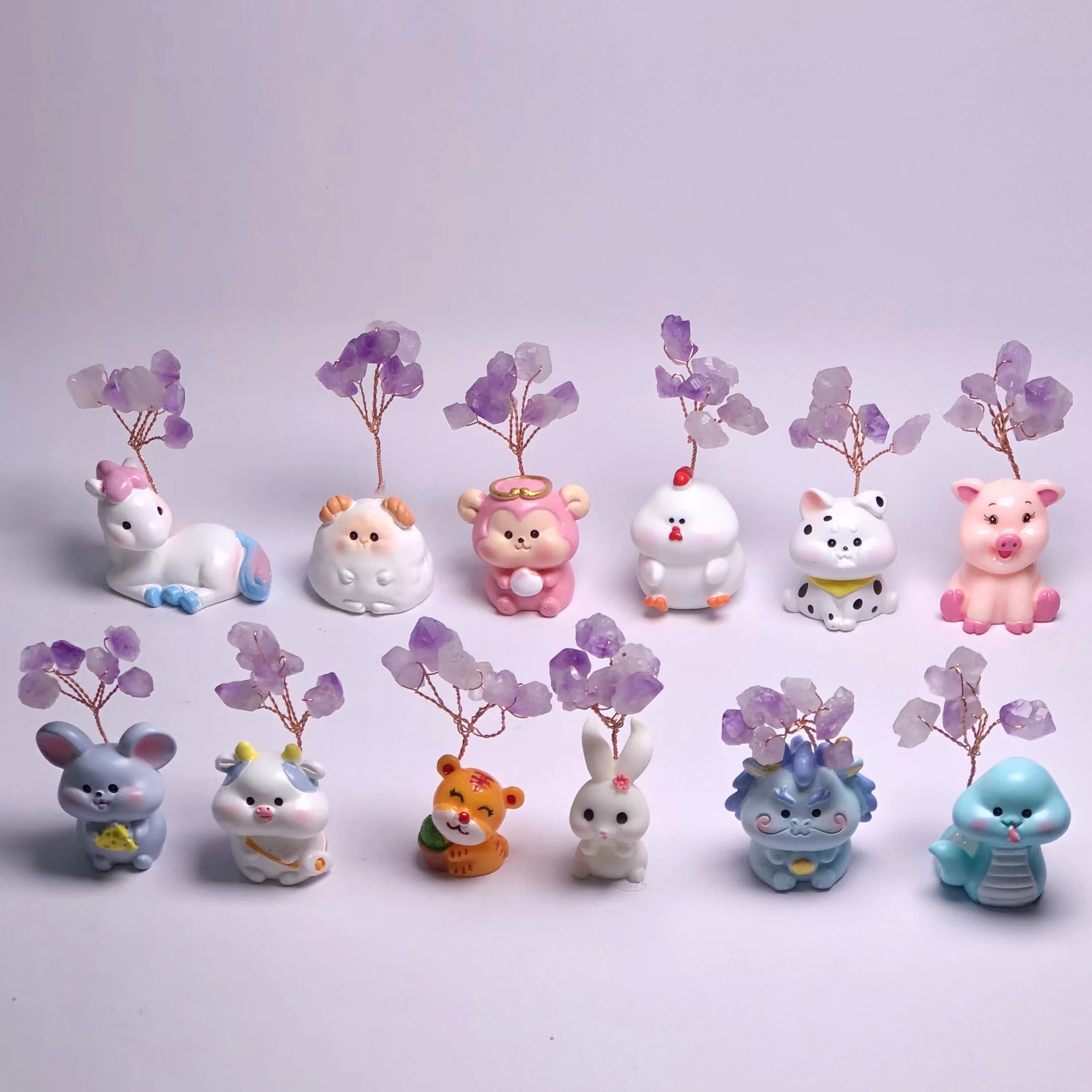 79成交800件水晶招财树组件紫晶花串铜线半成品手工diy树脂摆件创意