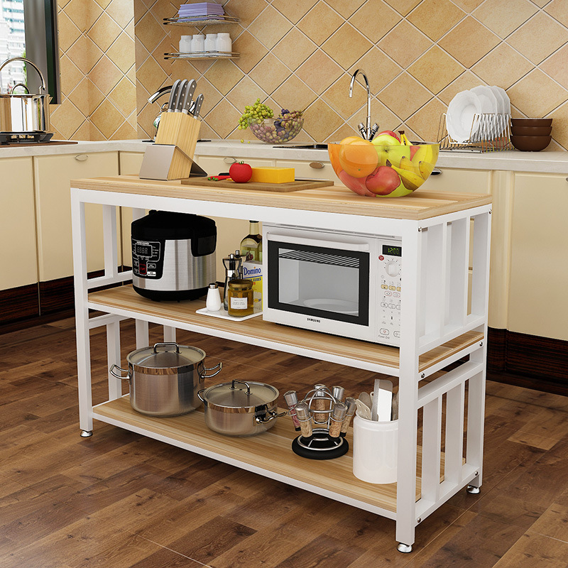 厨房切菜桌操作台多功能置物架微波炉落地神器3层2层钢木打折定制