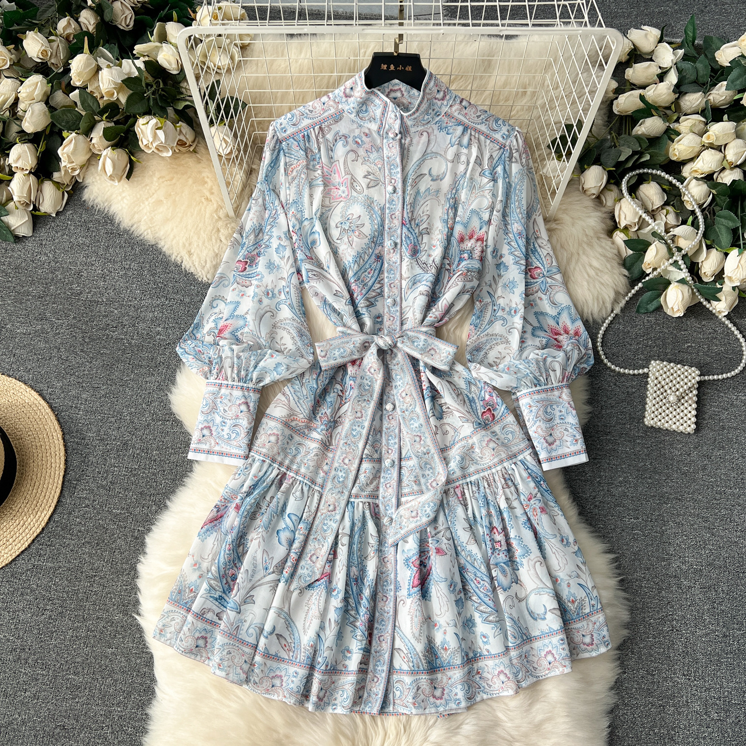 法式宫廷风礼服裙子复古设计感印花系带收腰短款荷叶边气质洋装