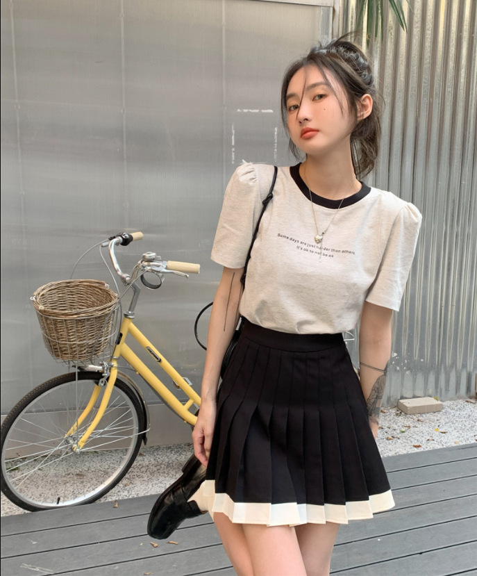 实拍 2022夏季韩版百搭撞色泡泡袖字母印花短袖t恤 百褶裙短裙