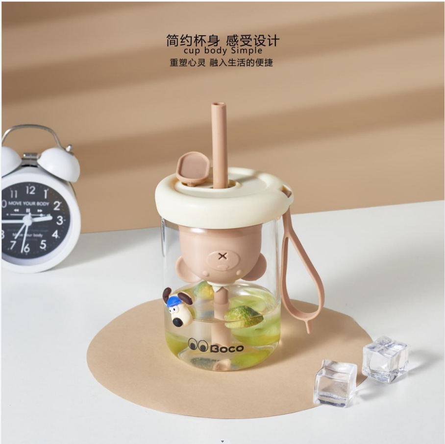 New Contrast Color Inverted Bear Cup with Straw Douyin Online Influencer Same Glass Women's Portable Coffee Cup Couple Dual-Use