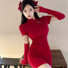 性感酒红色立领连衣裙复古改良旗袍收腰包臀裙礼服打底女装X4944