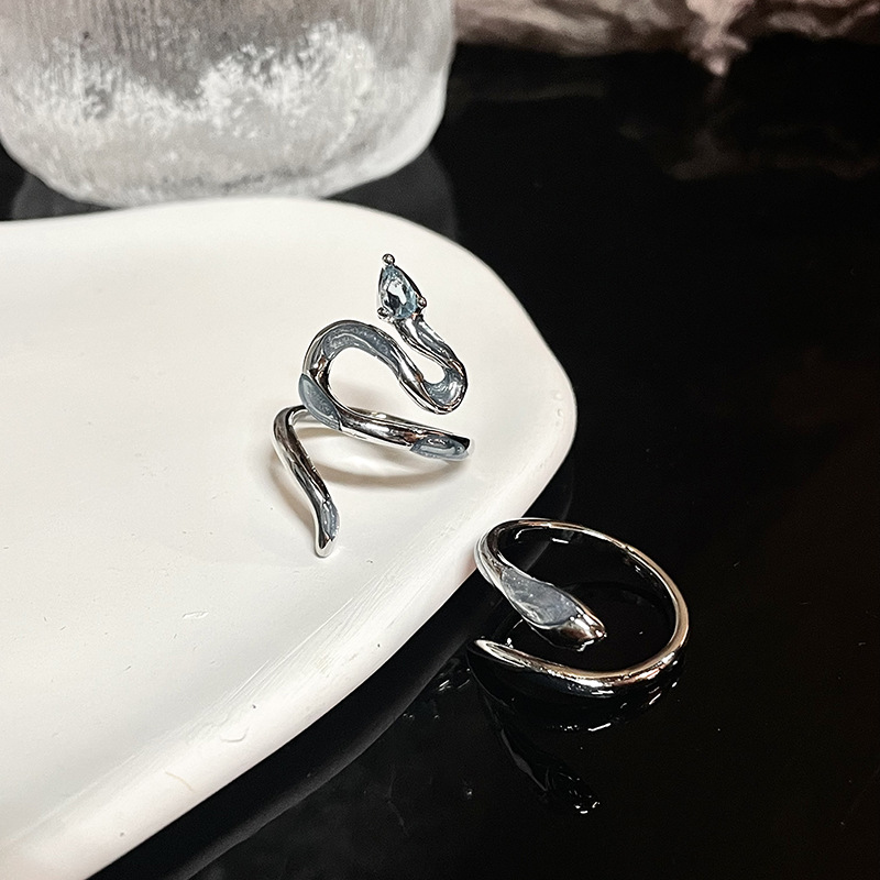 Sea Ice Blue Snake Court Ring High-Grade INS Cold Style French Style Female Personalized Opening Special-Interest Design Couple Rings