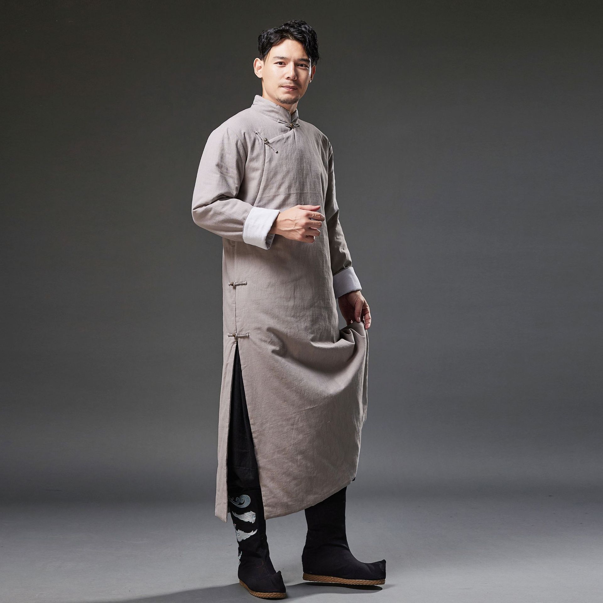 秋冬唐装夹棉盘扣棉袄长衫 两侧口袋带里衬相声大褂演出长袍马褂