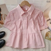 粉色衬衫女夏季新款韩版宽松遮肚子上衣纯色翻领短袖衬衫女小个湘