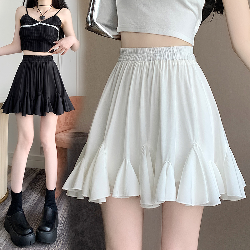 实拍 不规则荷叶边半身裙女2024夏季百搭防走光高腰蓬蓬裙a字短裙