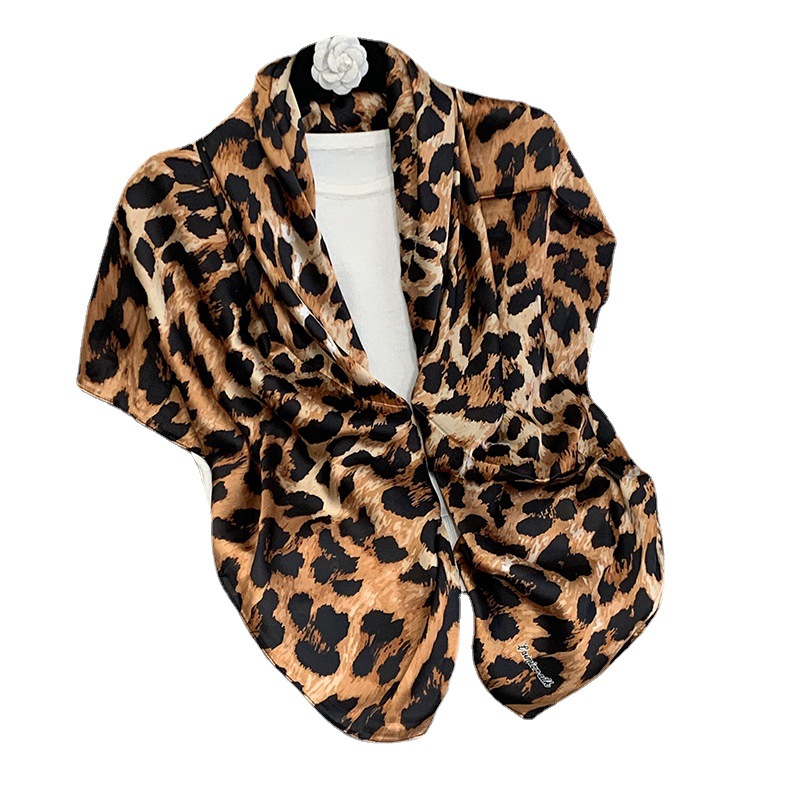 Live Hot Sale 110cm Headscarf Large Kerchief Women's Letter Leopard Print Simulation Silk Screen Floral Brocade European and American Shawl
