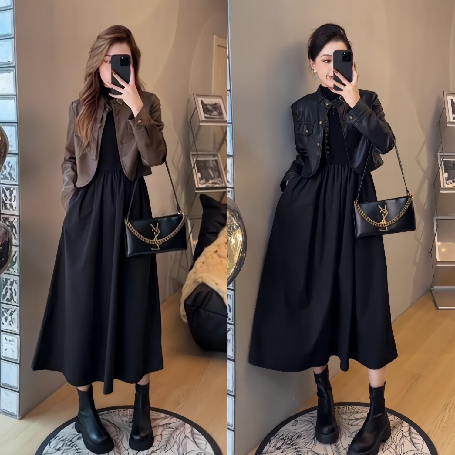 春秋款美拉德小众轻奢a字裙两件套爆款棕色皮衣外套外穿套装女潮