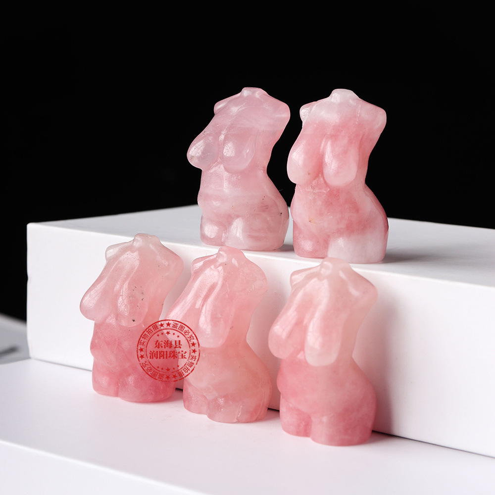 跨境爆品天然粉水晶芙蓉石躯干丰满胖裸女模特雕刻水晶摆件批发