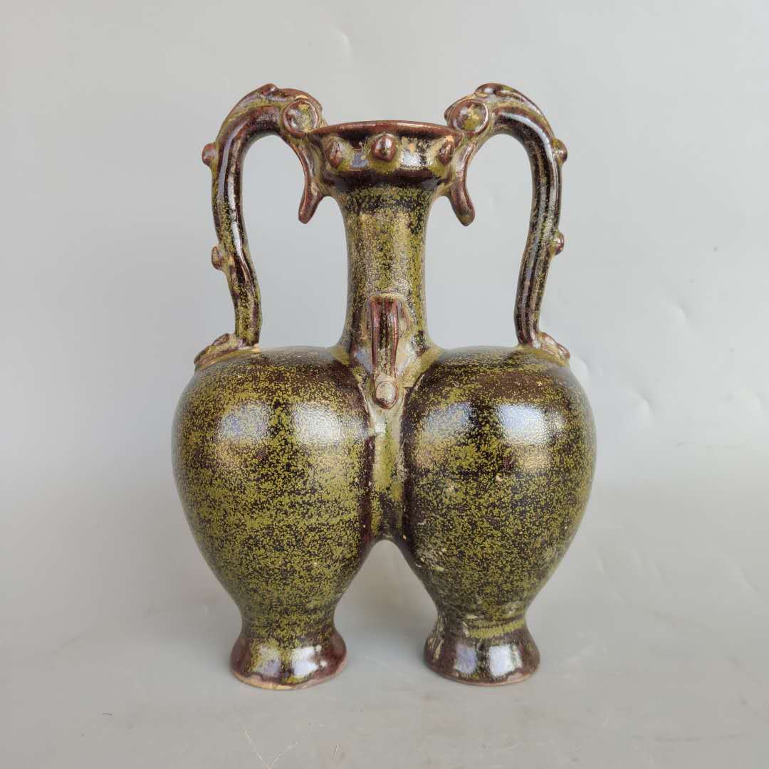 古物宋越窑茶叶末釉双耳瓷瓶双胞胎摆件古玩古董老货旧货收藏古瓷