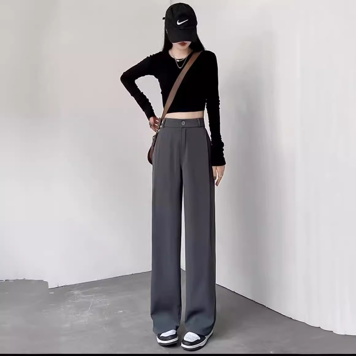 灰色西装裤高级感垂感女春秋2024新款显瘦休闲直筒高腰窄版阔腿裤