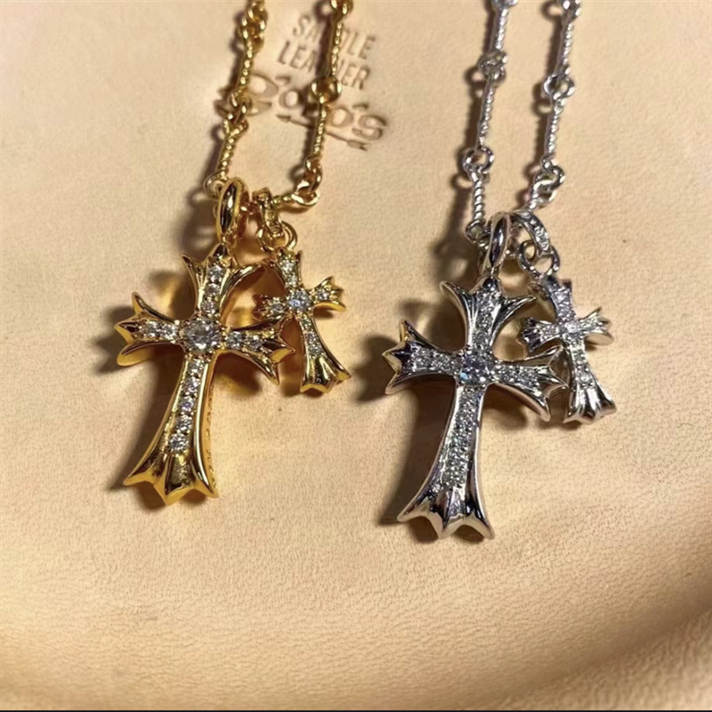 欧美复古高版本镶钻双十字架项链朋克风时尚嘻哈直播款团抖音代发