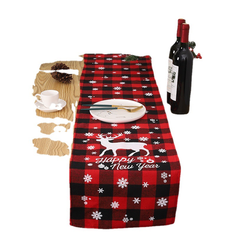 Cross-Border New Arrival Christmas Decoration Red and Black Checked Cloth Printed Table Runner Christmas Table Runner Holiday Home Christmas Placemat