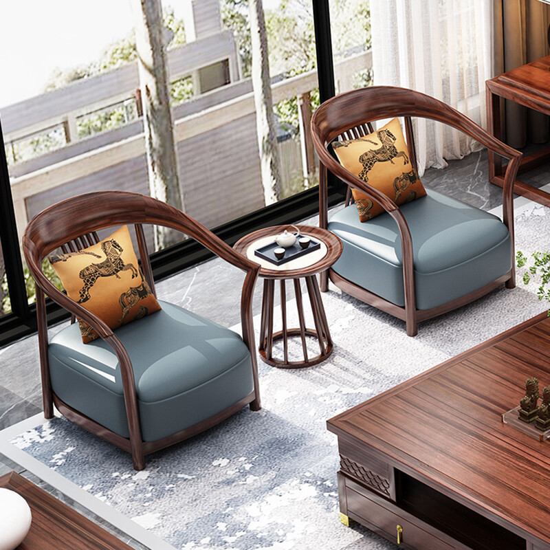 新中式乌金木实木沙发休闲椅3件套组合洽谈桌椅