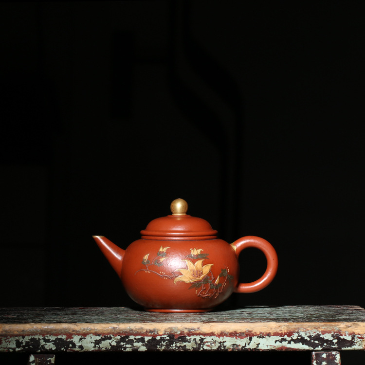 宜兴紫砂壶早期老茶壶徐汉棠款一厂老朱泥水平壶泥绘描金台湾回流