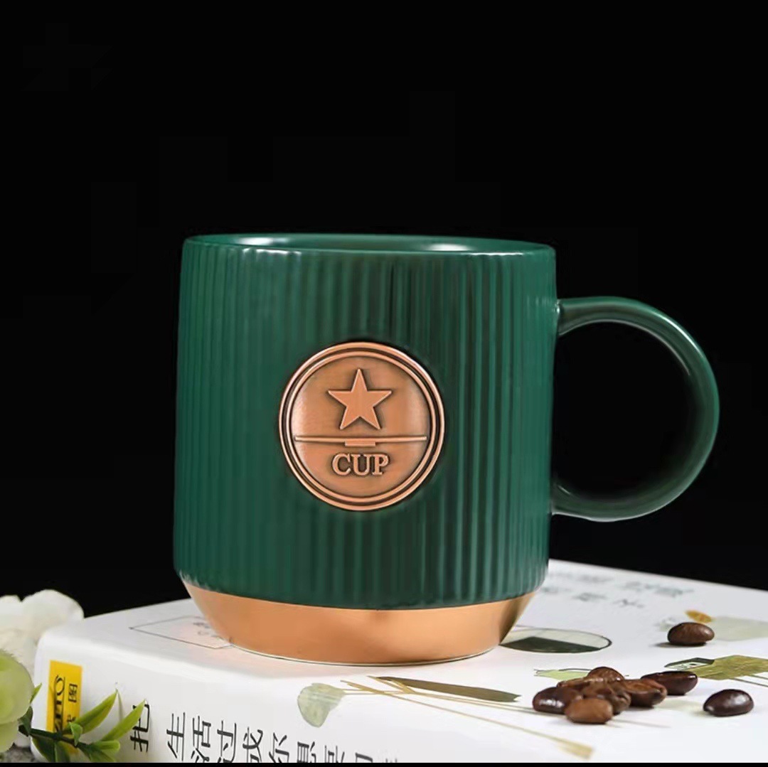 Xingba Copper Sheet Dark Green Ceramic Cup Office Male and Female Coffee Cups Golden Edge Striped Mug Couple Water Cup