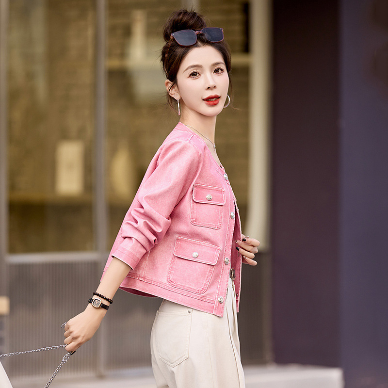 磨砂皮衣外套女2024春装新款粉色小个子圆领pu皮夹克今年流行爆款