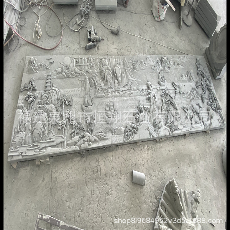 花岗岩浮雕山水画 线雕仿古水墨画 石材家装背景山水画浮雕墙
