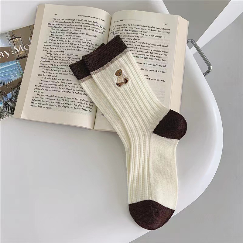 Autumn and Winter Socks Children Ins Trendy Socks Navy Style Coffee Bear Jacquard Tube Socks Korean Jk Socks Wholesale Athletic Socks