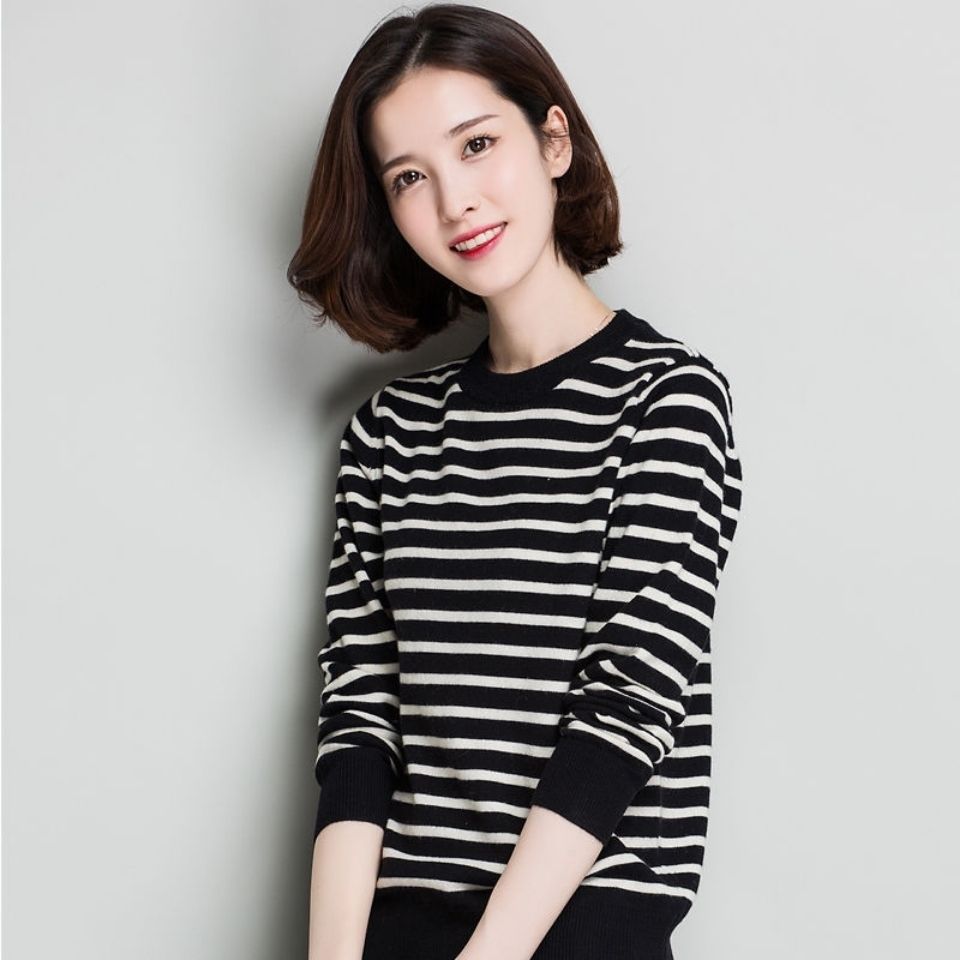 黑白条纹毛衣女针织衫打底衫修身秋冬新款圆领套头横条纹上衣
